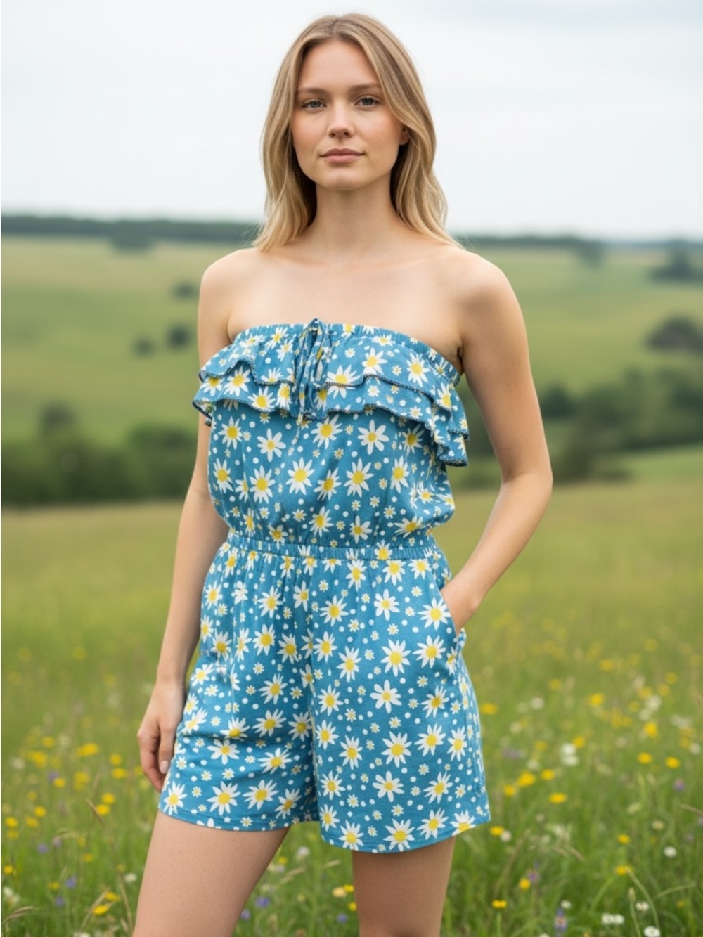 Daisy Print Strapless Jumpsuit in Blue